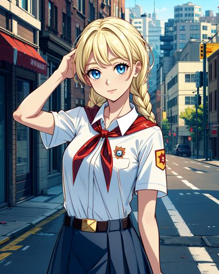 11580-2664366-masterpiece, high quality, 1girl, blslavya, blue eyes, blonde hair, twin braids, hair over shoulder, white shirt, red badge on s.png